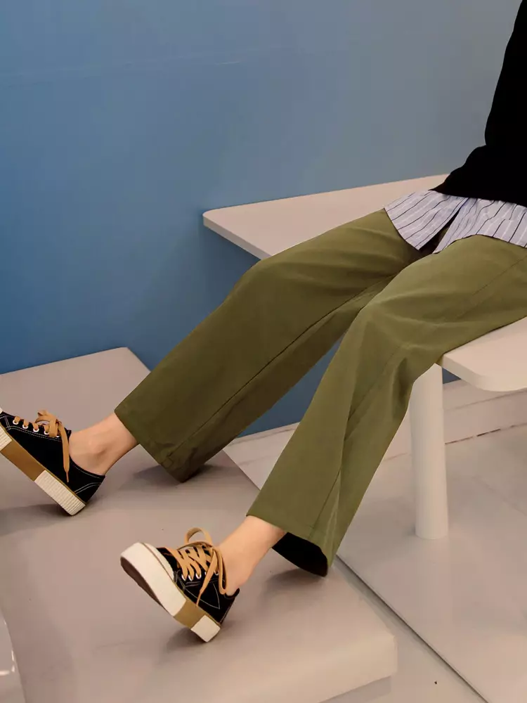 Green Straight Cotton Pants, Solid Green Straight Pants