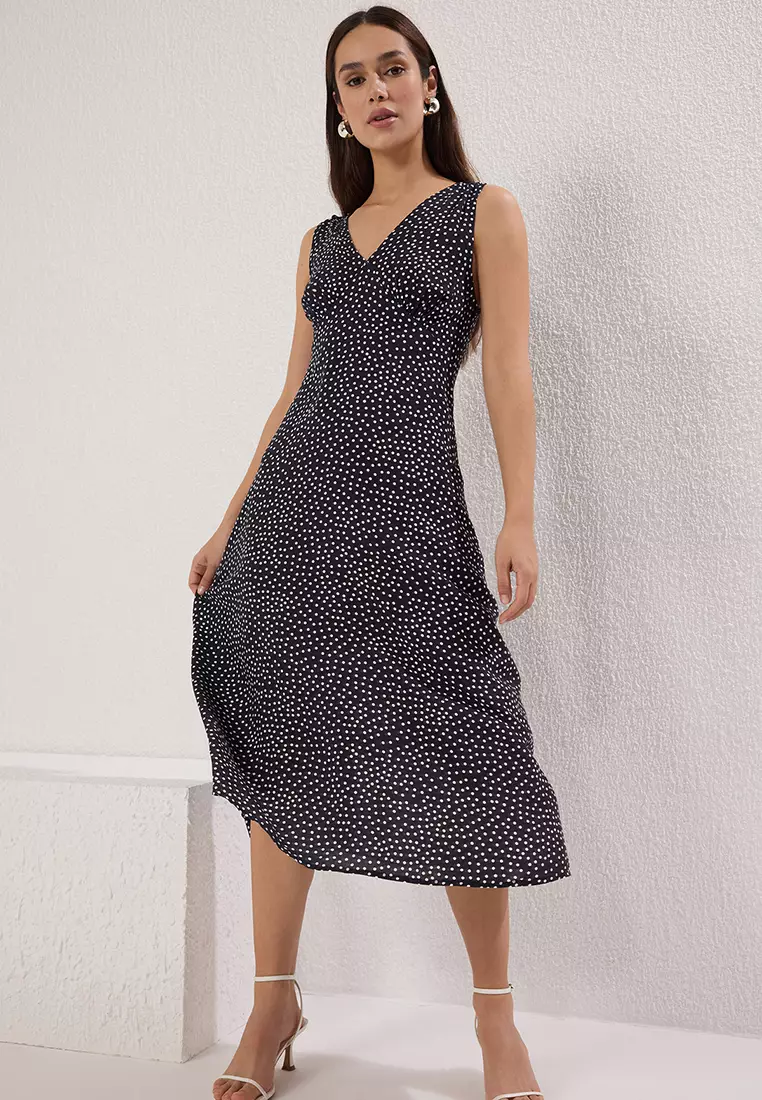 Navy Blue Polka Dot A Cut Midi Woven Dress TWOSS25EL00403