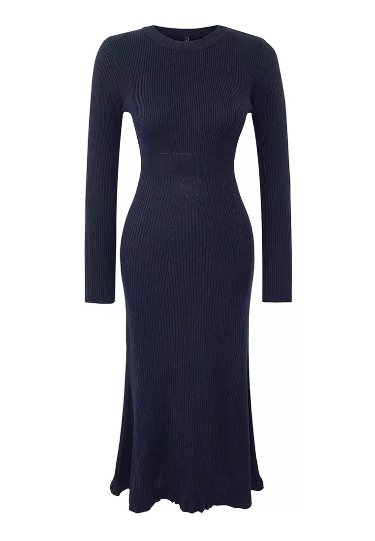 Navy Blue Midi Knitwear Crew Neck Dress