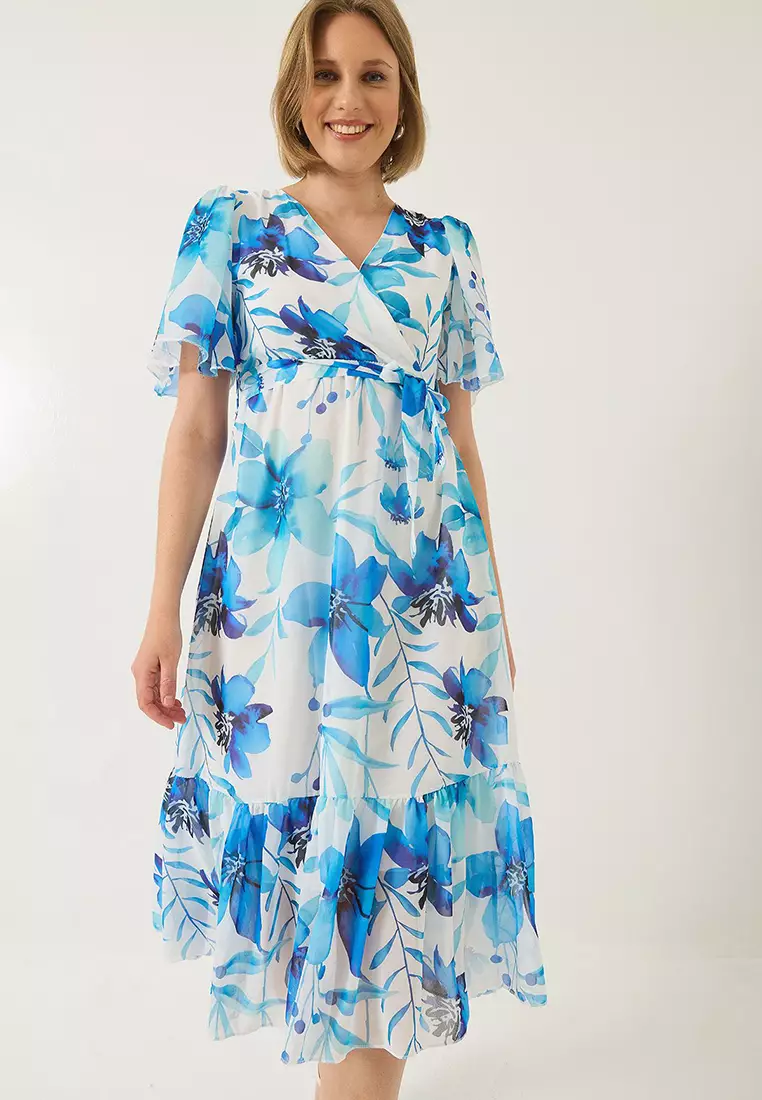 Women's Double Breasted Collar Elastic Waist Belted Lined Patterned Chiffon Dress 60283211