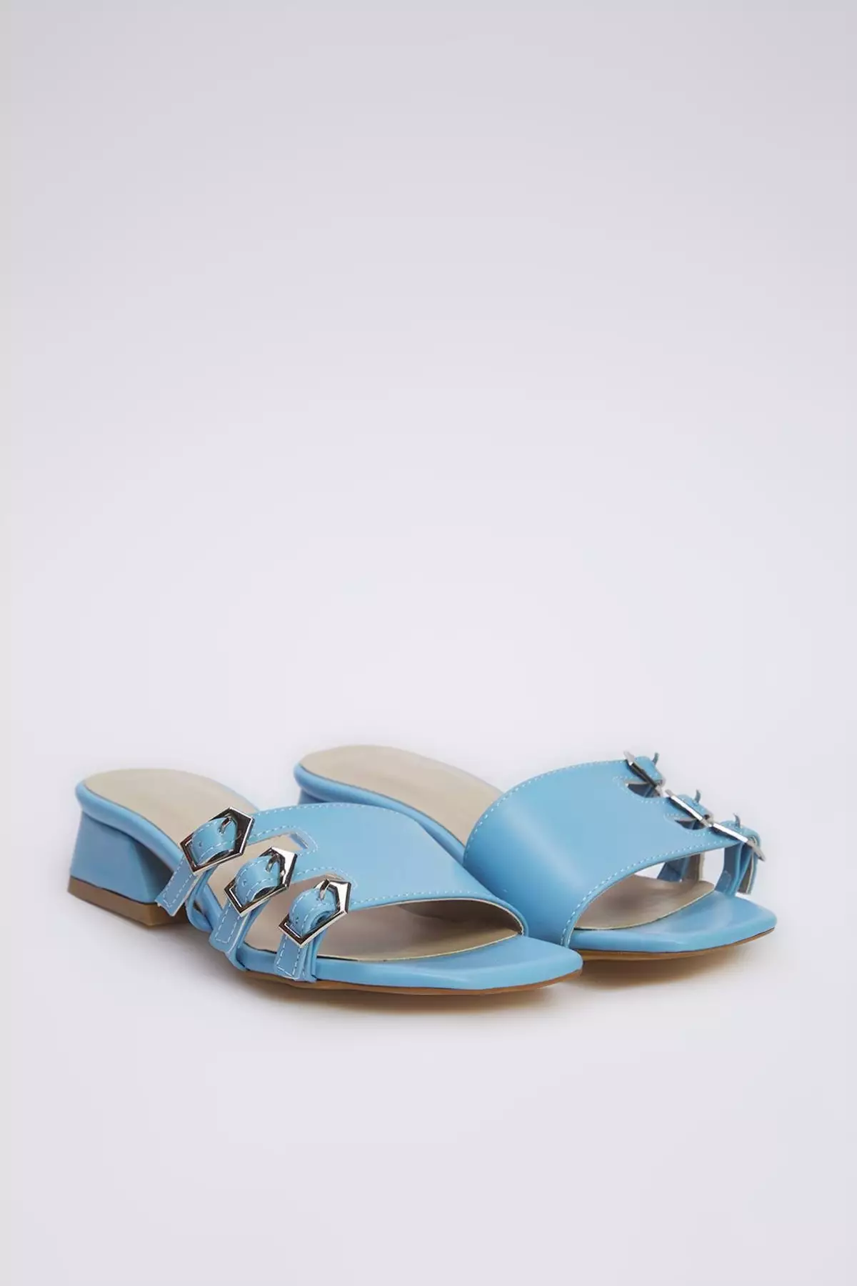 Baby Blue Gold Buckle Block Heel Women Heels Slippers Takss25To00036