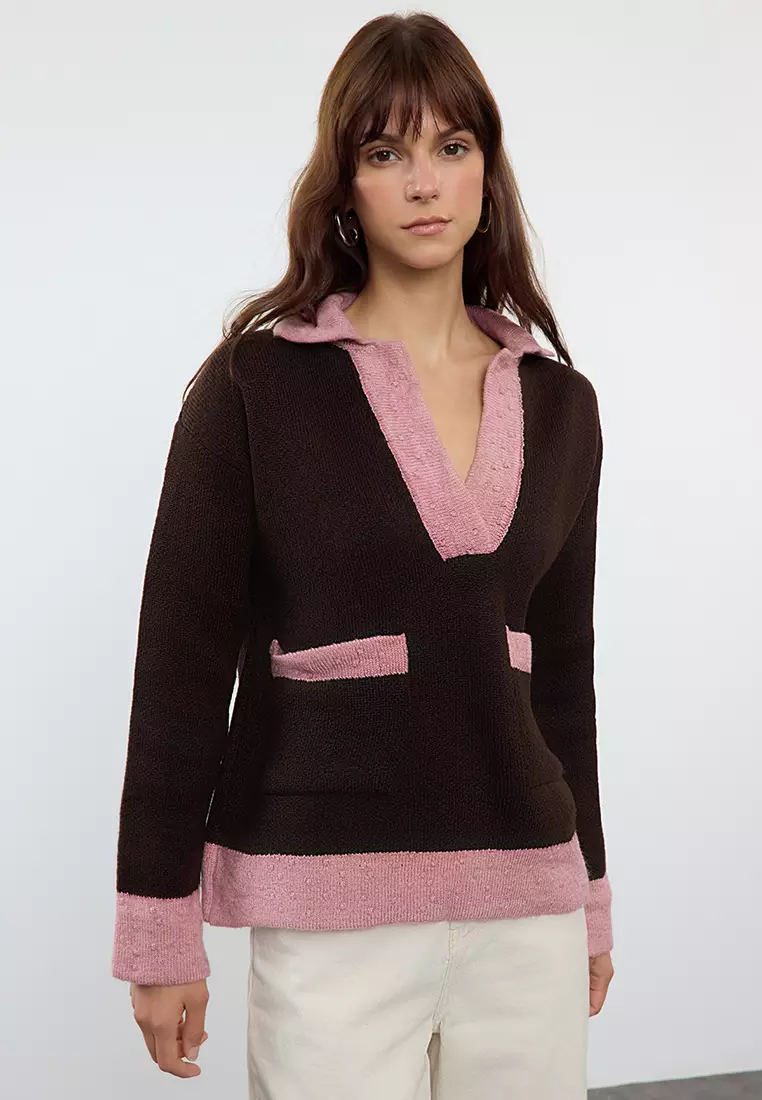 Color Blocked Soft Knitwear Sweater Brown
