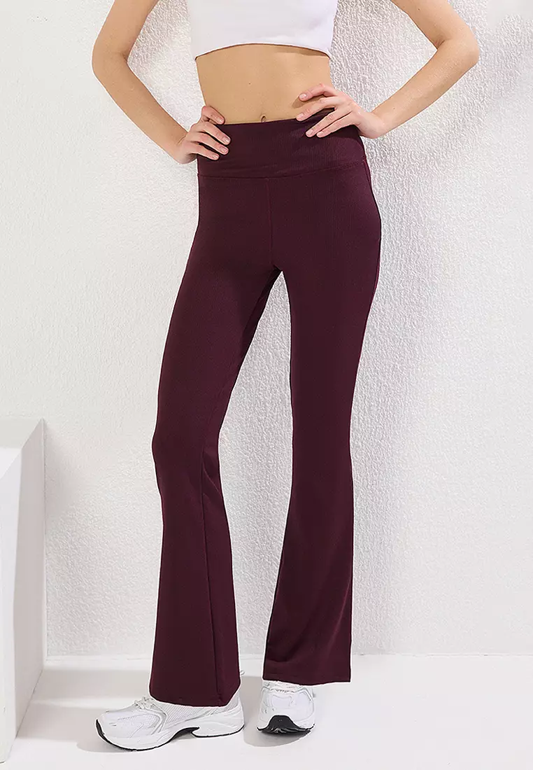 Dark Cherry Ribbed Flare Leg Yoga Knitted Sports Tights