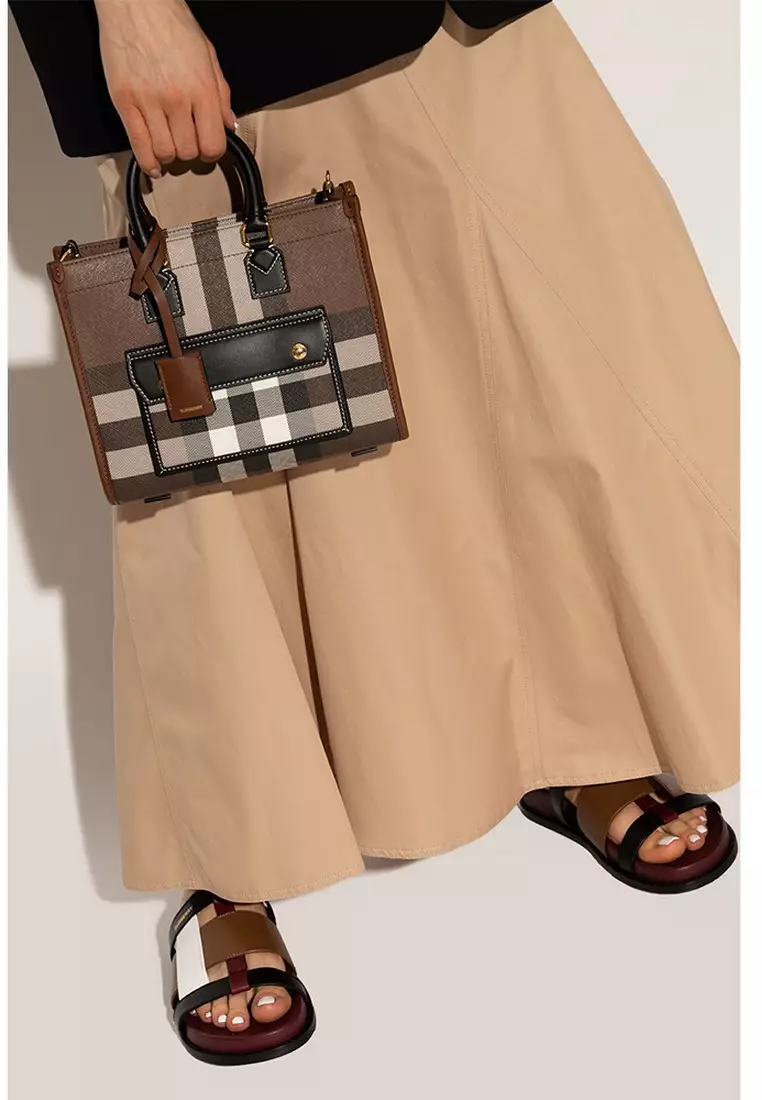 Check And Leather Mini Freya Tote Bag in Dark Birch Brown