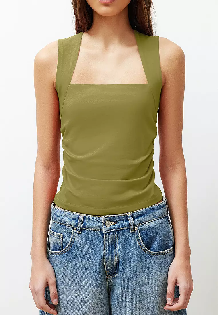 Oil Green Plain Square Neck Strappy Gathered Fitted Flexible Knitted Blouse