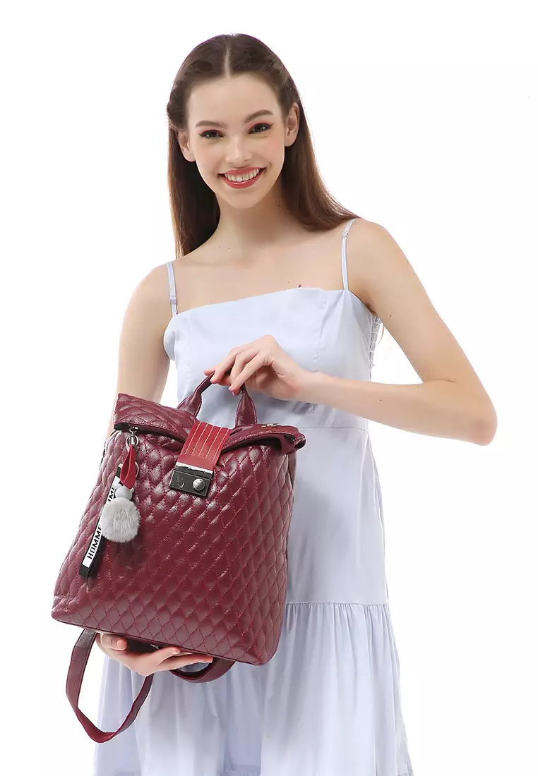 Afra Tas Ransel Wanita Large Compartment Backpack with Key Chain Material Leather ORIGINAL - Red