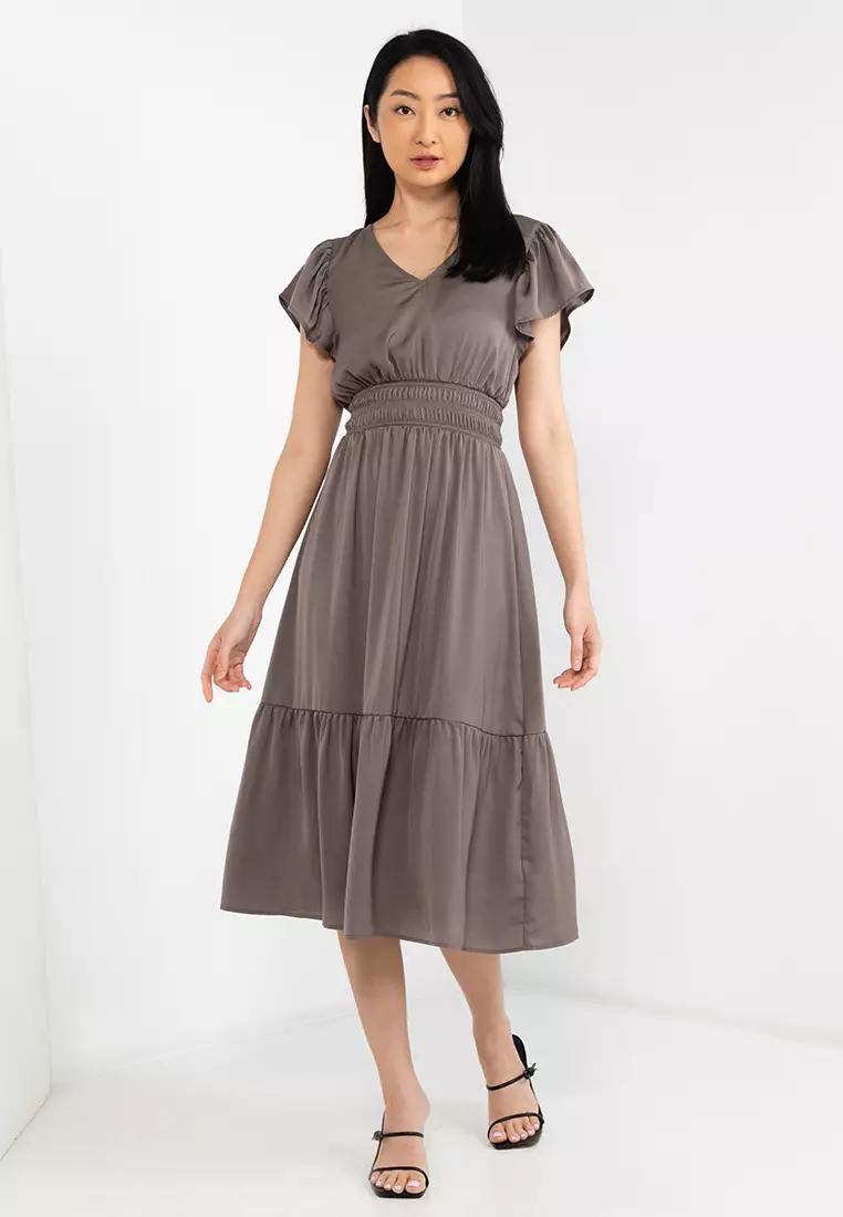 Buy GAP Flutter Sleeve Smock Waist Midi Dress 2024 Online | ZALORA ...