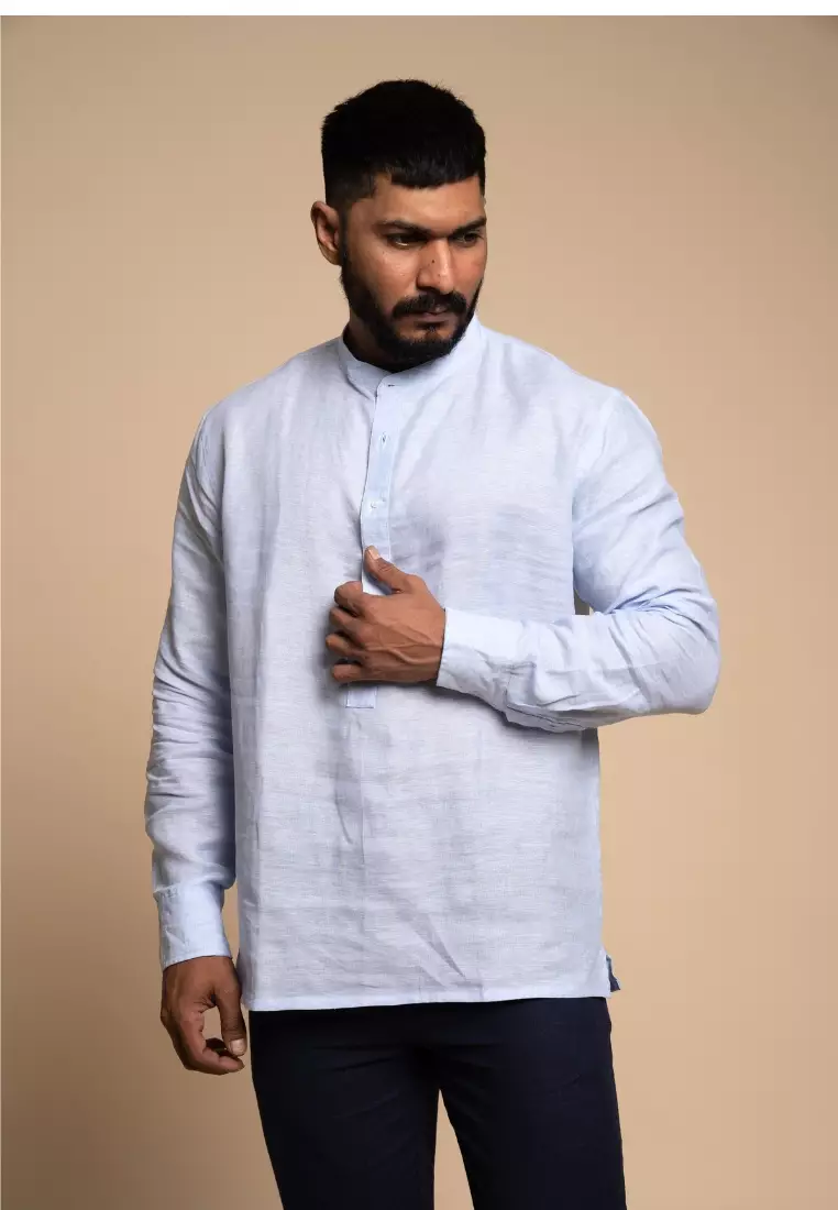 Paphos Kemeja Linen Lengan Panjang Pria Biru | Linen Long Sleeve Shirt Men Blue