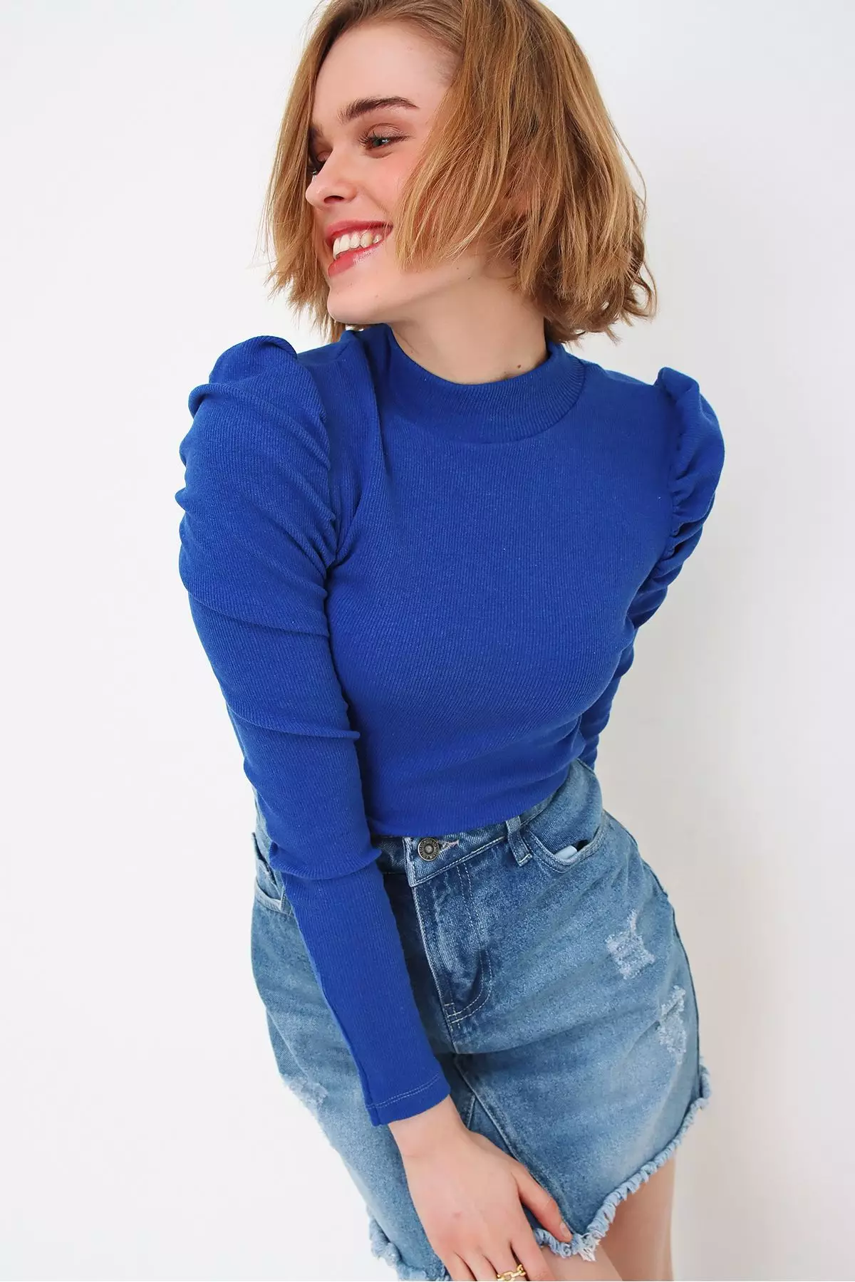 Women's Saxe Blue Princess Sleeve Half Turtleneck Camisole Blouse