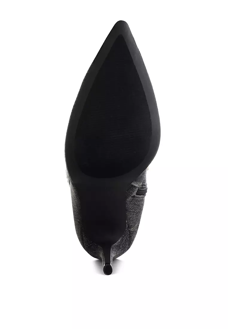 Rhinestones Knee High Denim Boots in Black