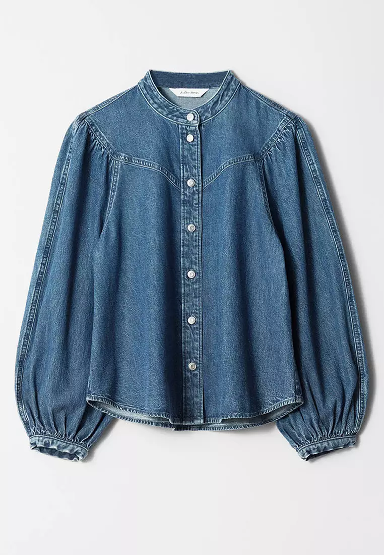 Puff-Sleeve Denim Blouse