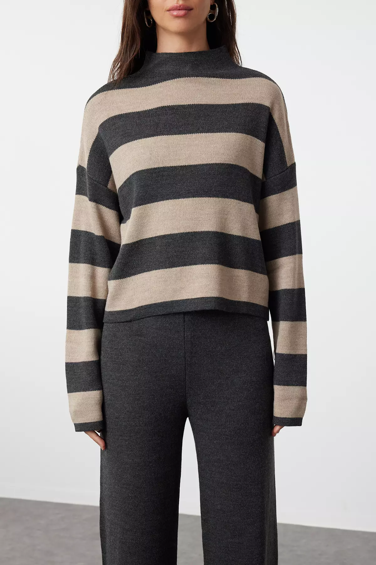 Anthracite Wide Pattern Striped Knitwear Top-Top Set