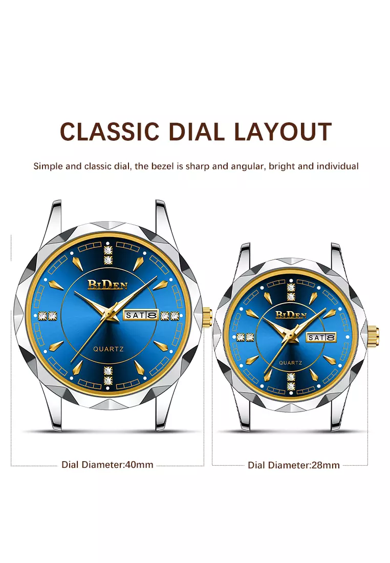 BIDEN Jam Tangan Couple Pasangan Anti Air Original Kalender Bercahaya Luminous Stainless Steel Analog Couple Watch Biru