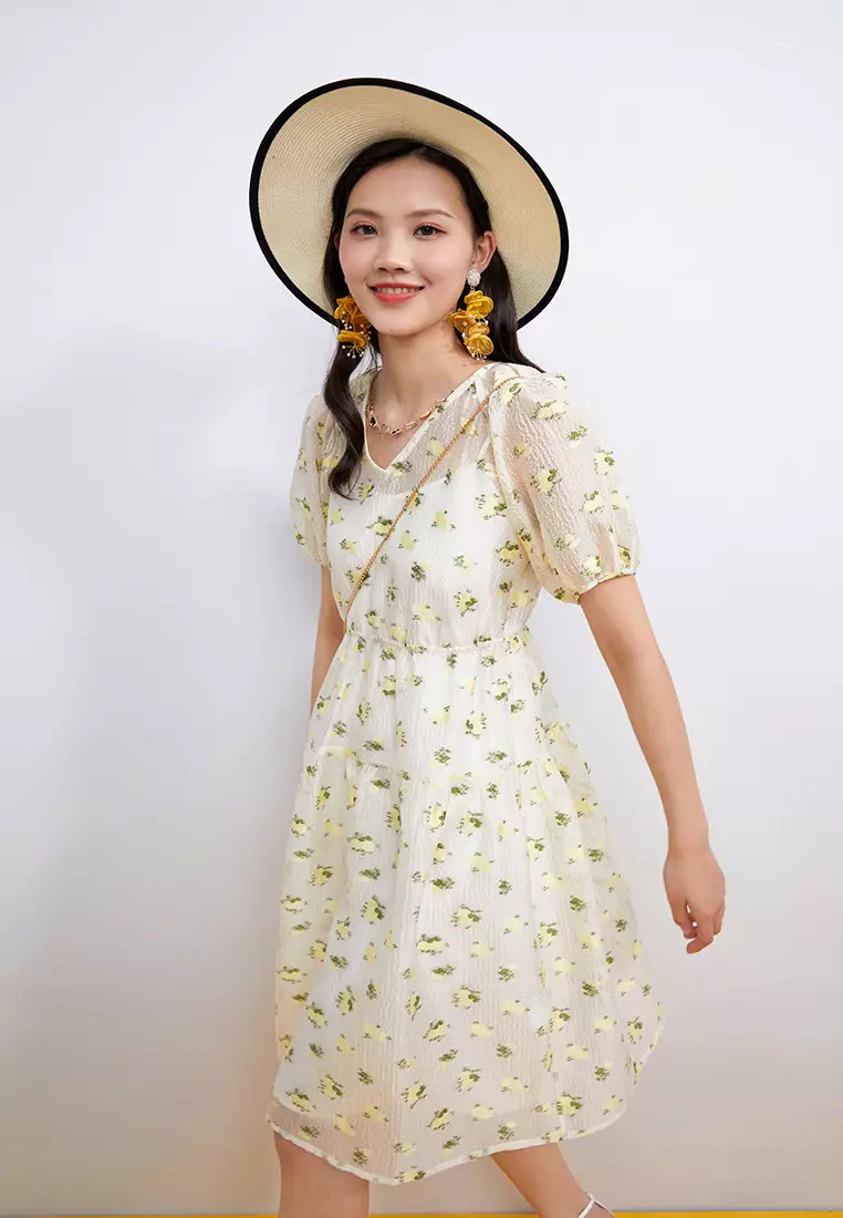 V-Neck Floral Chiffon Midi Dress