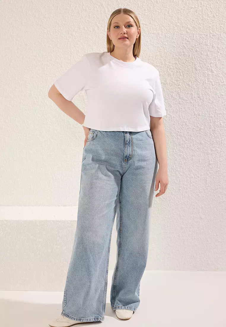 Light Blue High Waist Wide Leg Plus Size Wide Leg Jeans Tbbaw23Cj00020