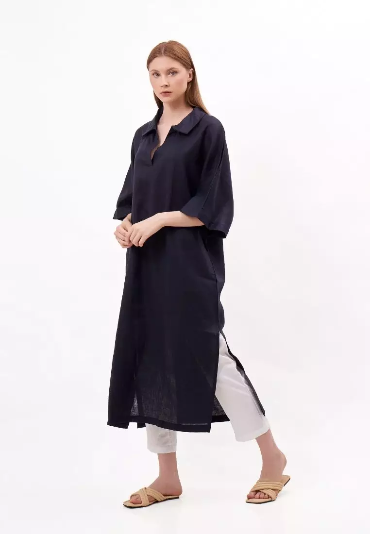 Kemer Dress Kaftan Linen Wanita Blue Black | Linen Kaftan Dress Women Blue Black