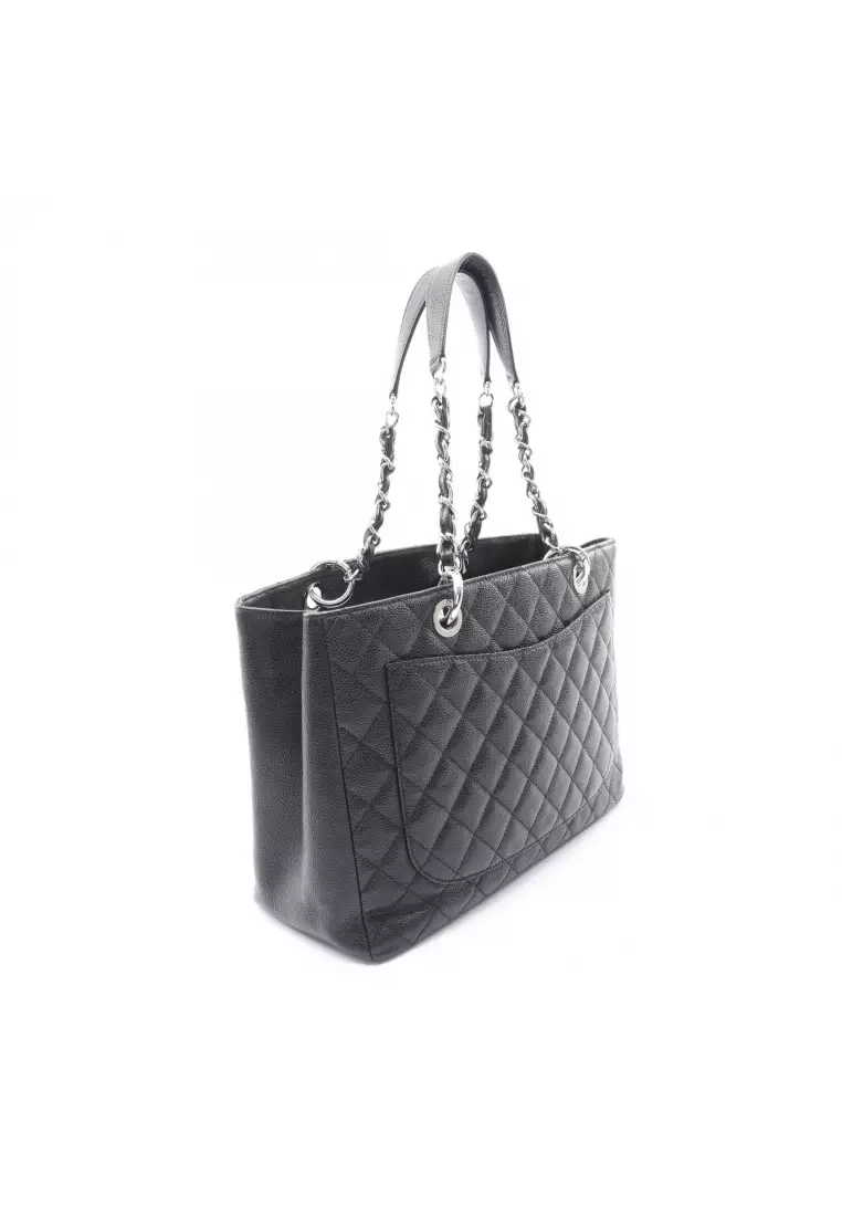 Pre-Loved Chanel matelasse grand shopping GST chain shoulder bag chain tote bag Caviar skin black silver hardware