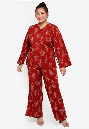Printed Wrap side tie Co-ord from Lubna in Red and Beige