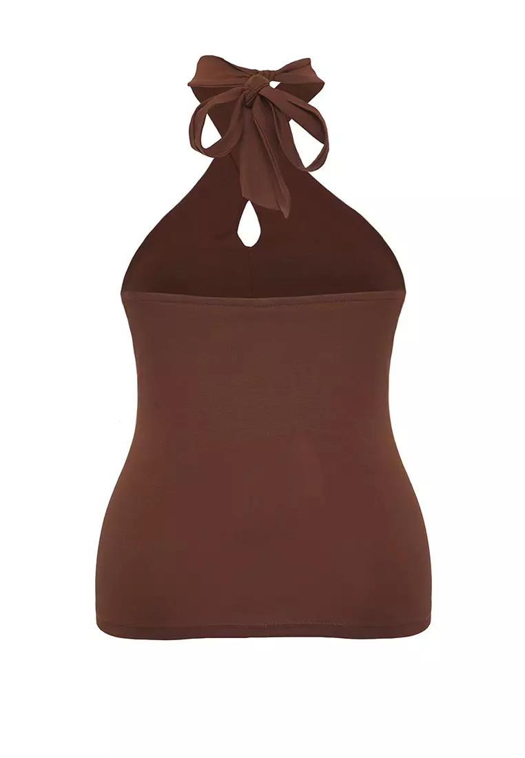 Brown Single Jersey Neck Knitting Plus Size Blouse TBBSS25AF00009