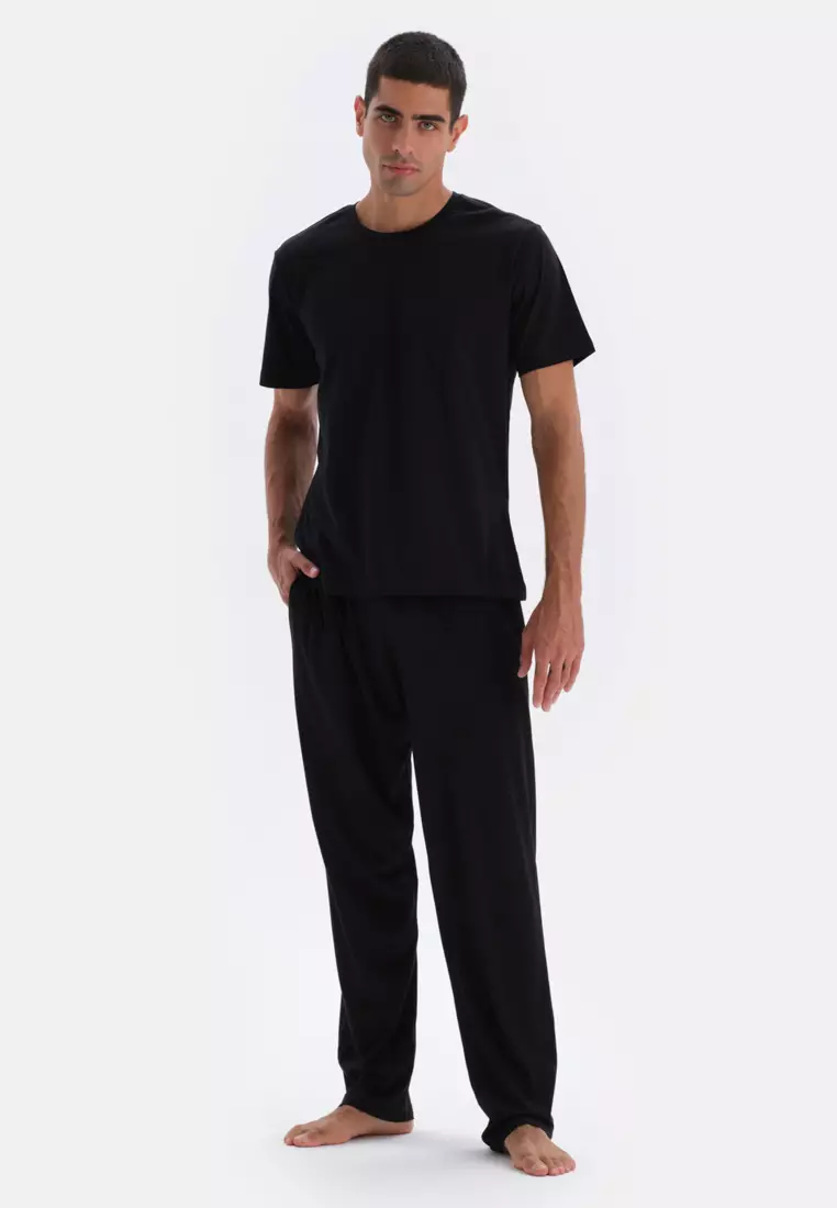 Black Knitwear Bottom Trousers, Regular Fit, Sleepwear for Men