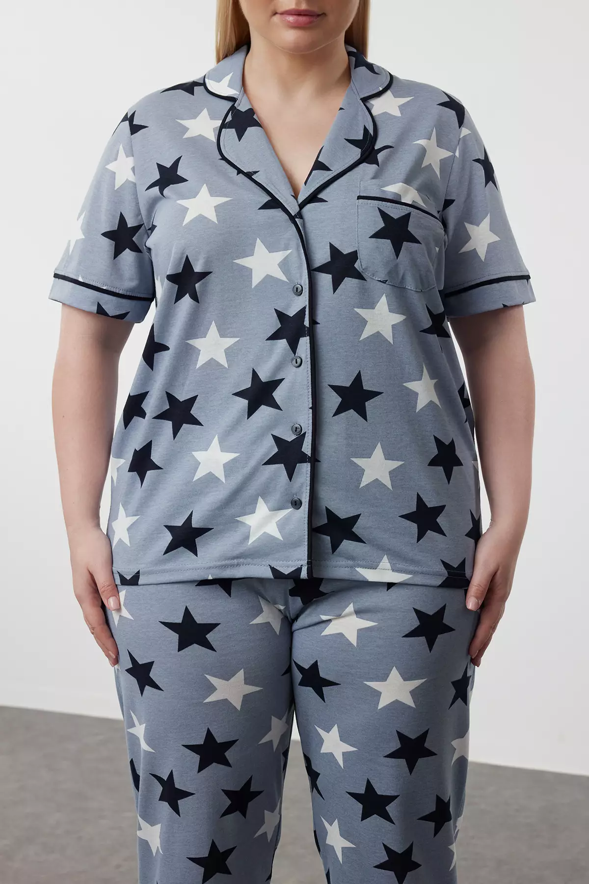 Blue Star Patterned Shirt Collar Knitted Pajamas Set Tbbaw24Ai00040