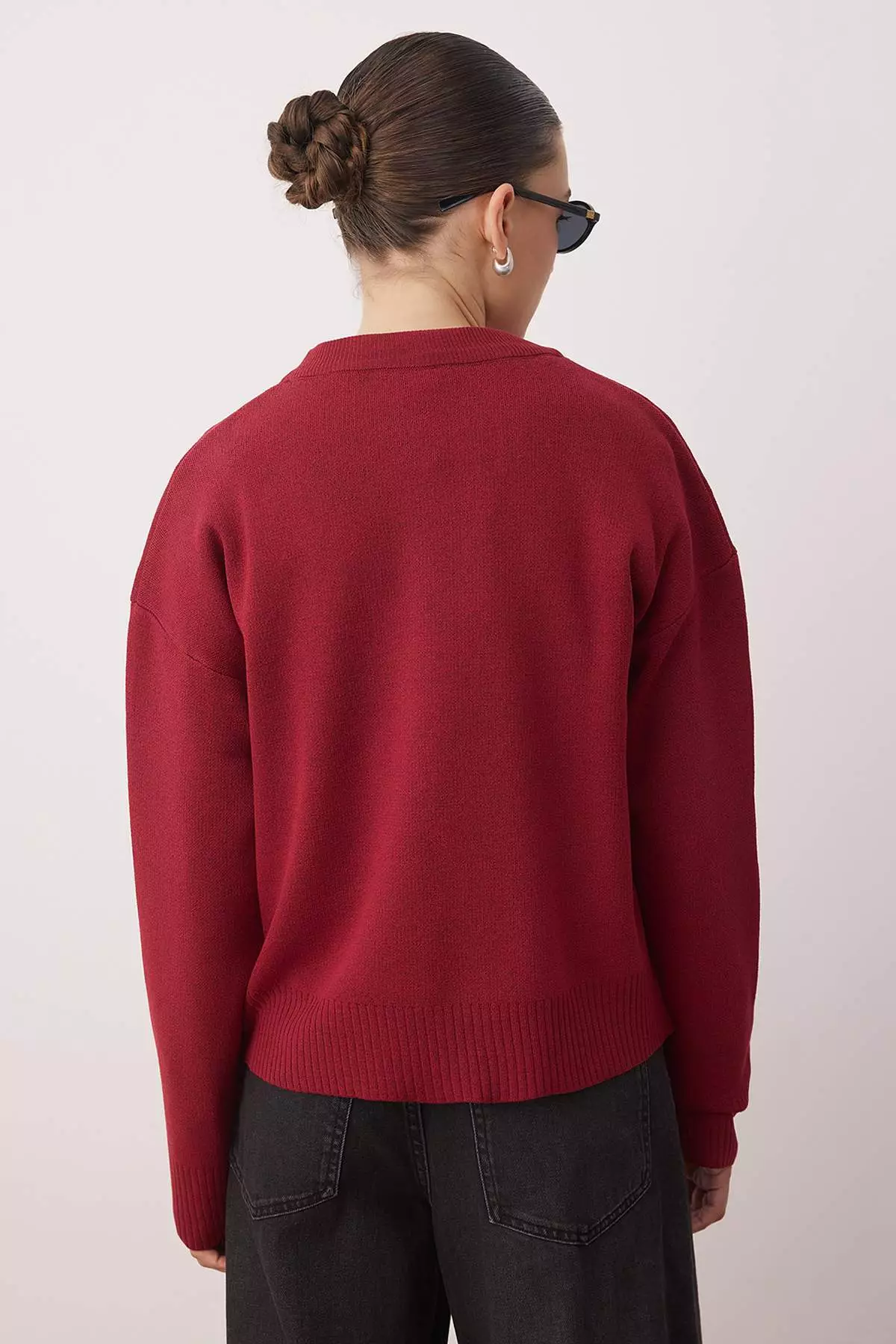Dark Red Viscose Content Wide Pattern Basic Knit Sweater