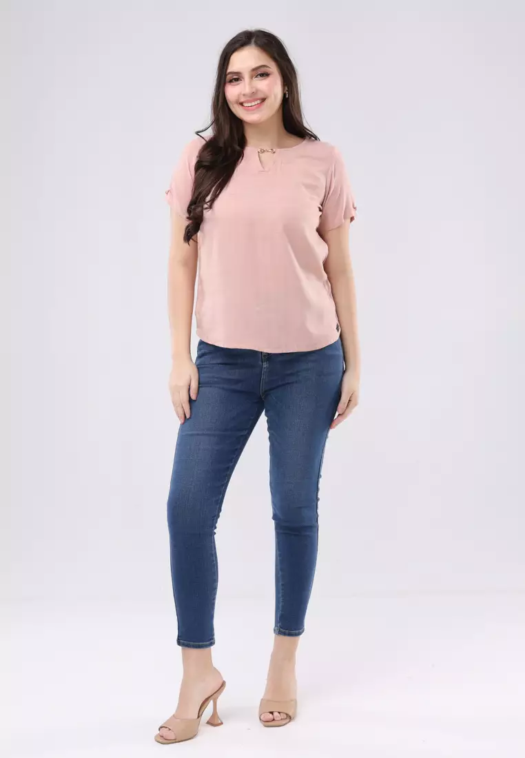Slub Rayon Textured Woven Short Sleeves Blouse