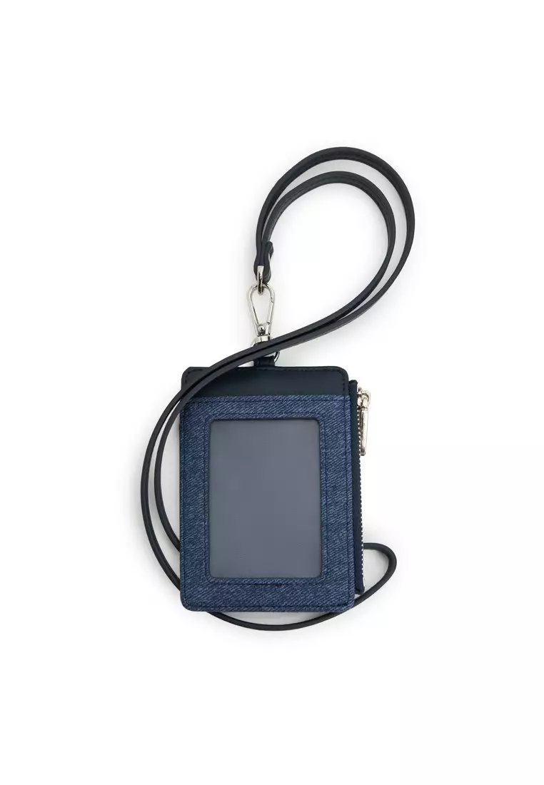 Tracey Denim Textured Zipper Card Holder with Lanyard
