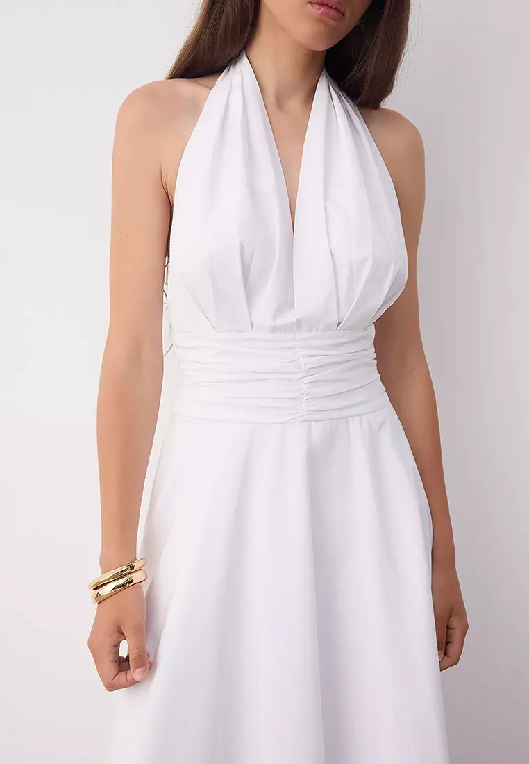 White Low-Cut Halter Neck Poplin Lined Woven Dress