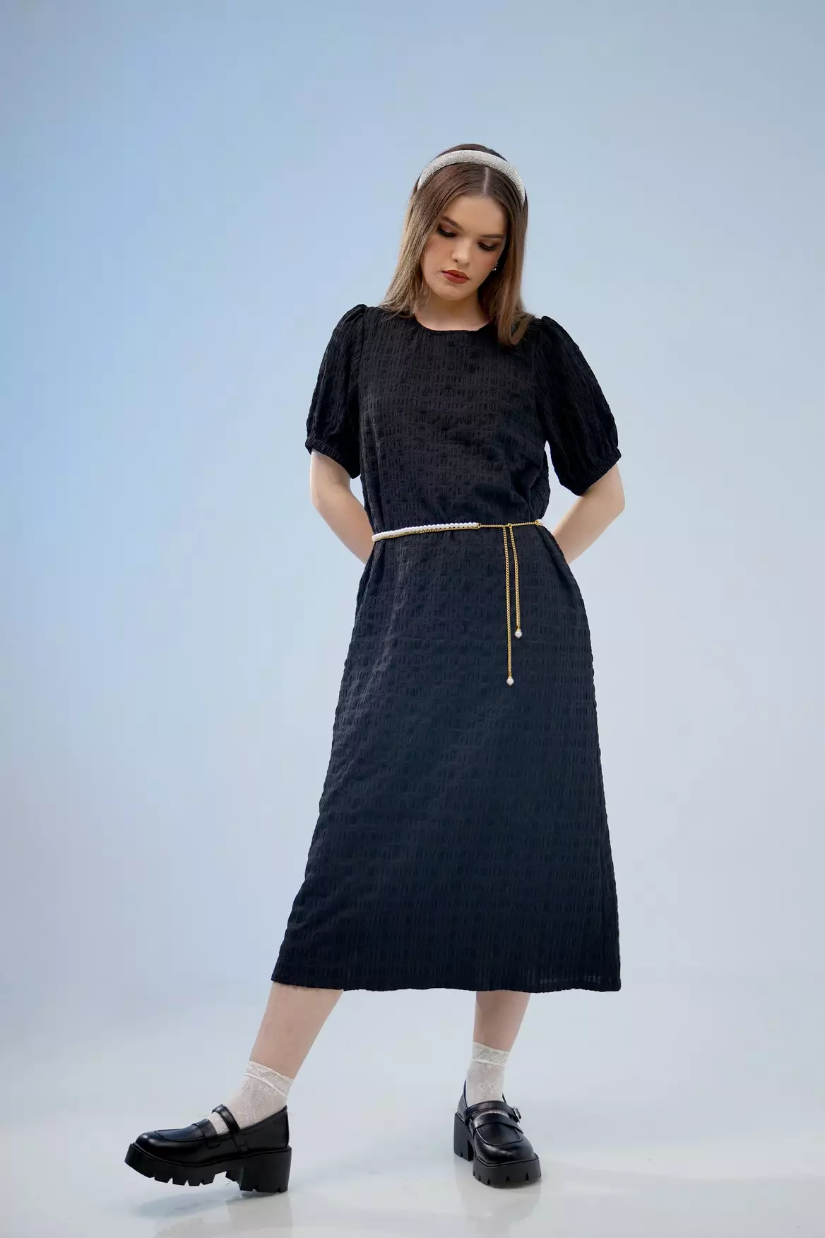 Jual Hardware Dress Midi Wanita Hardware Midi Dress Puff Sleeve Smocked ...