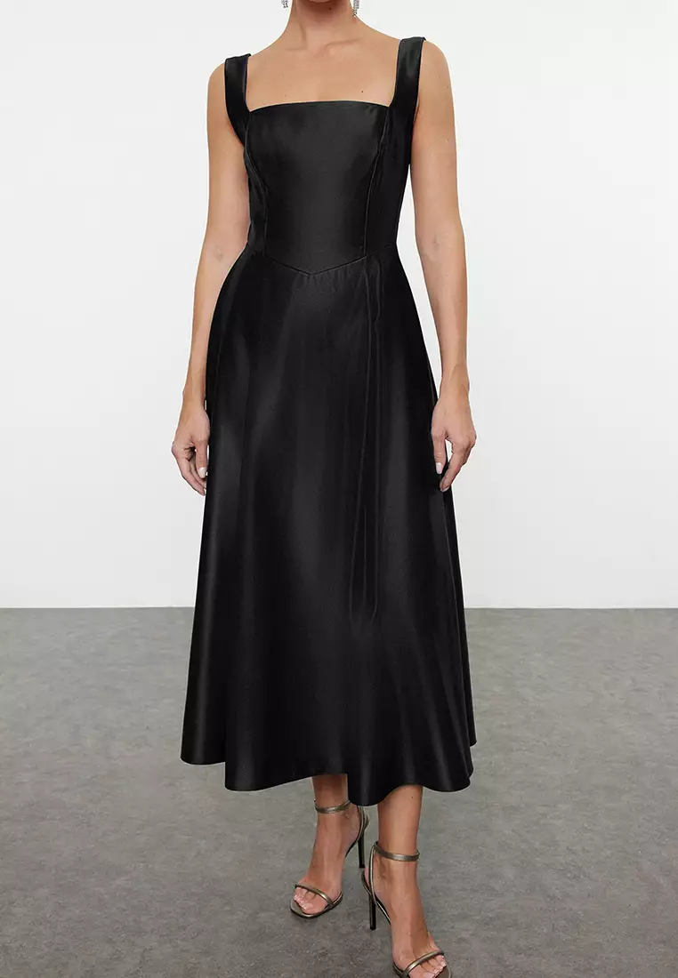 Black A-Line Satin Woven Elegant Evening Prom Dress TPRAW25EL00040