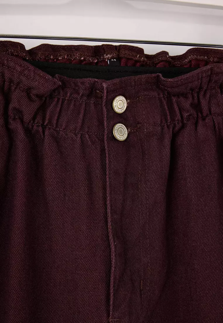 Burgundy High Waist Elastic Waist 100% Cotton Plus Size Mom Jeans Tbbaw23Je00002