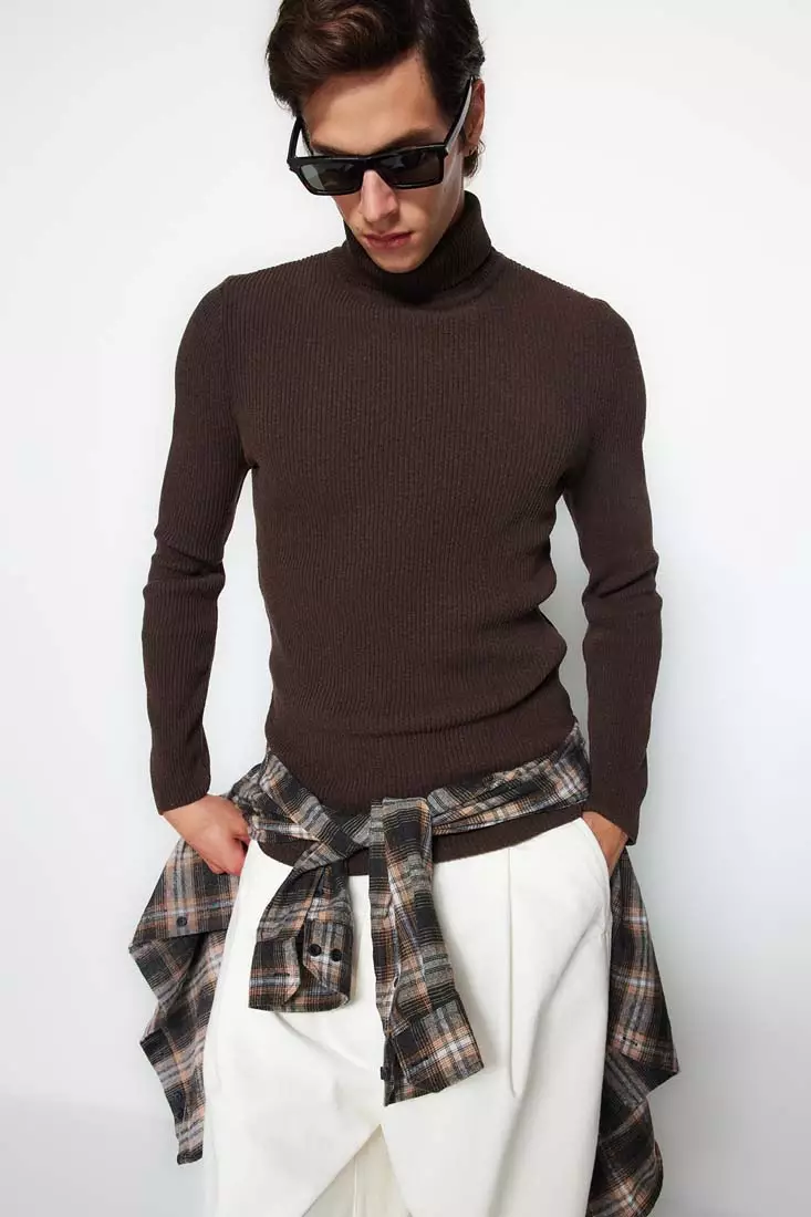 Brown Men's Fitted Tight Fit Turtleneck Knitwear Sweater