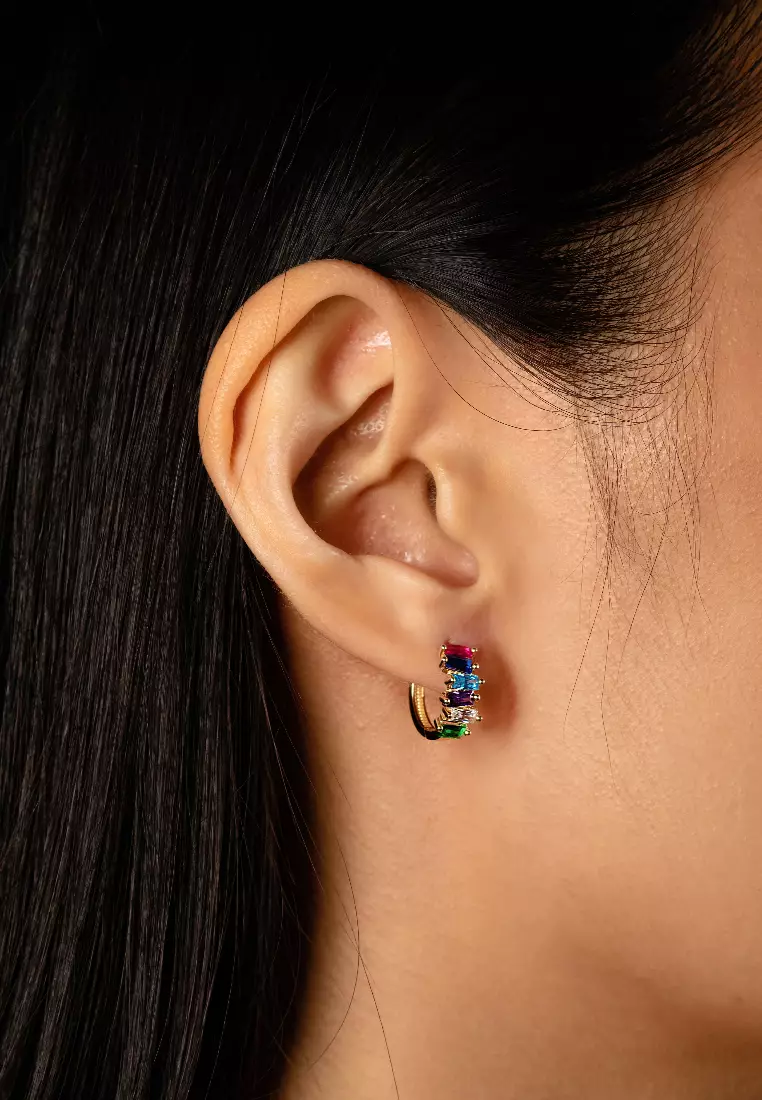 Colored Cluster Baguette Hoops 14k Gold