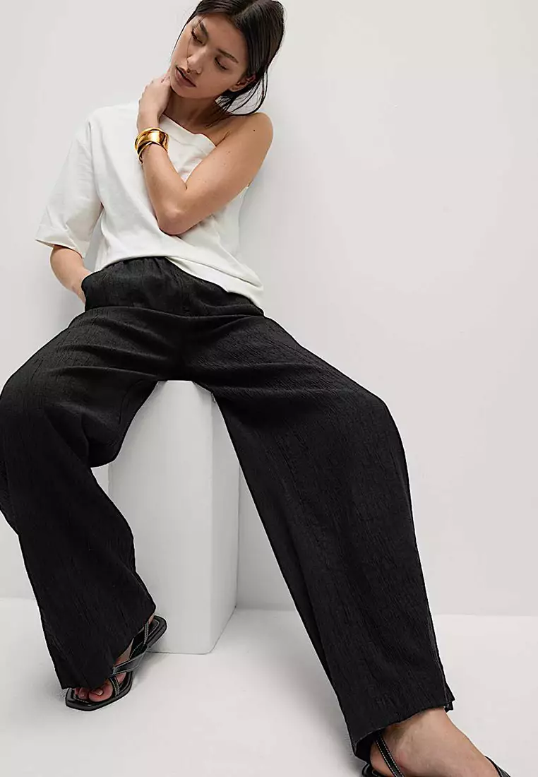 Viscose Rich Crinkle Elasticated Waist Wide Leg Trousers