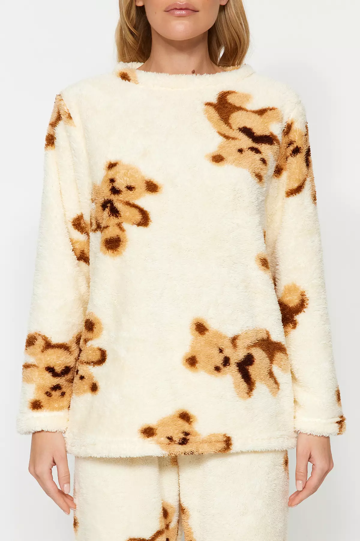 Ecru Multied Teddy Bear Wellsoft Winter Knitted Pajamas Set