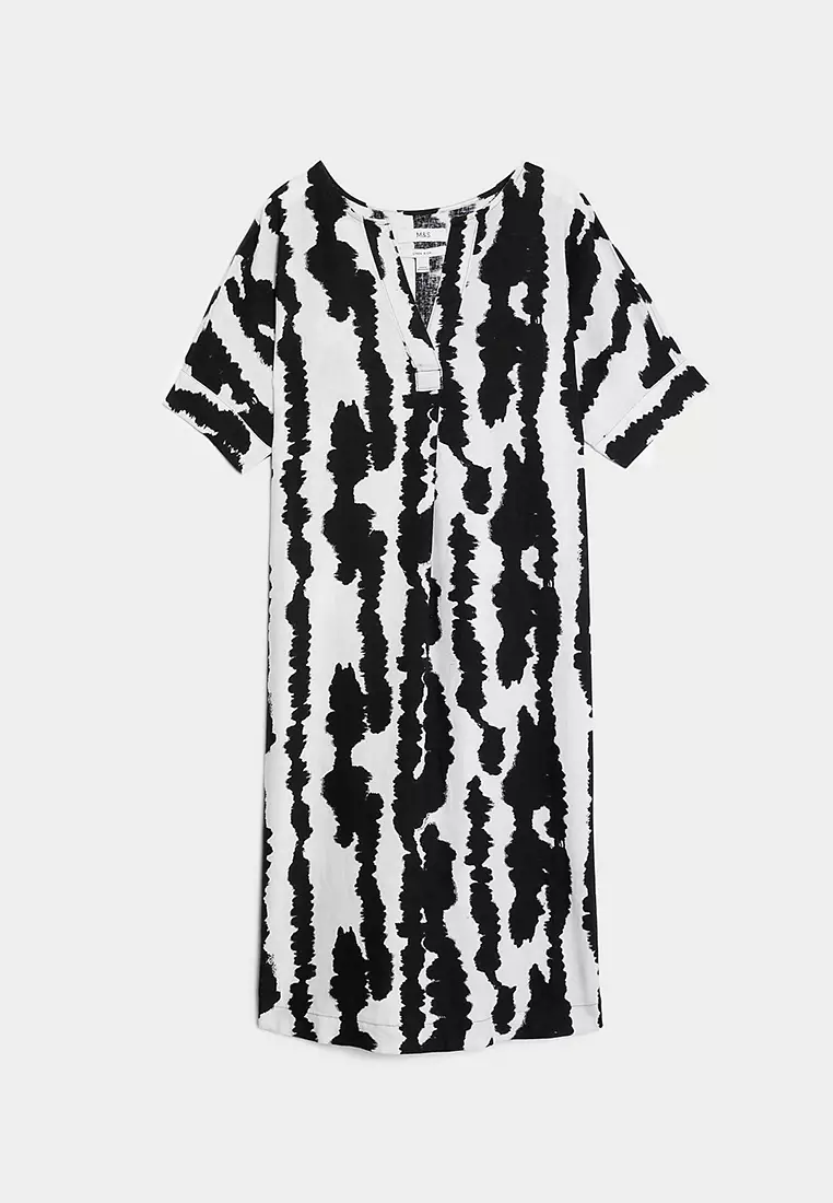 Linen Rich Printed V-Neck Shift Dress