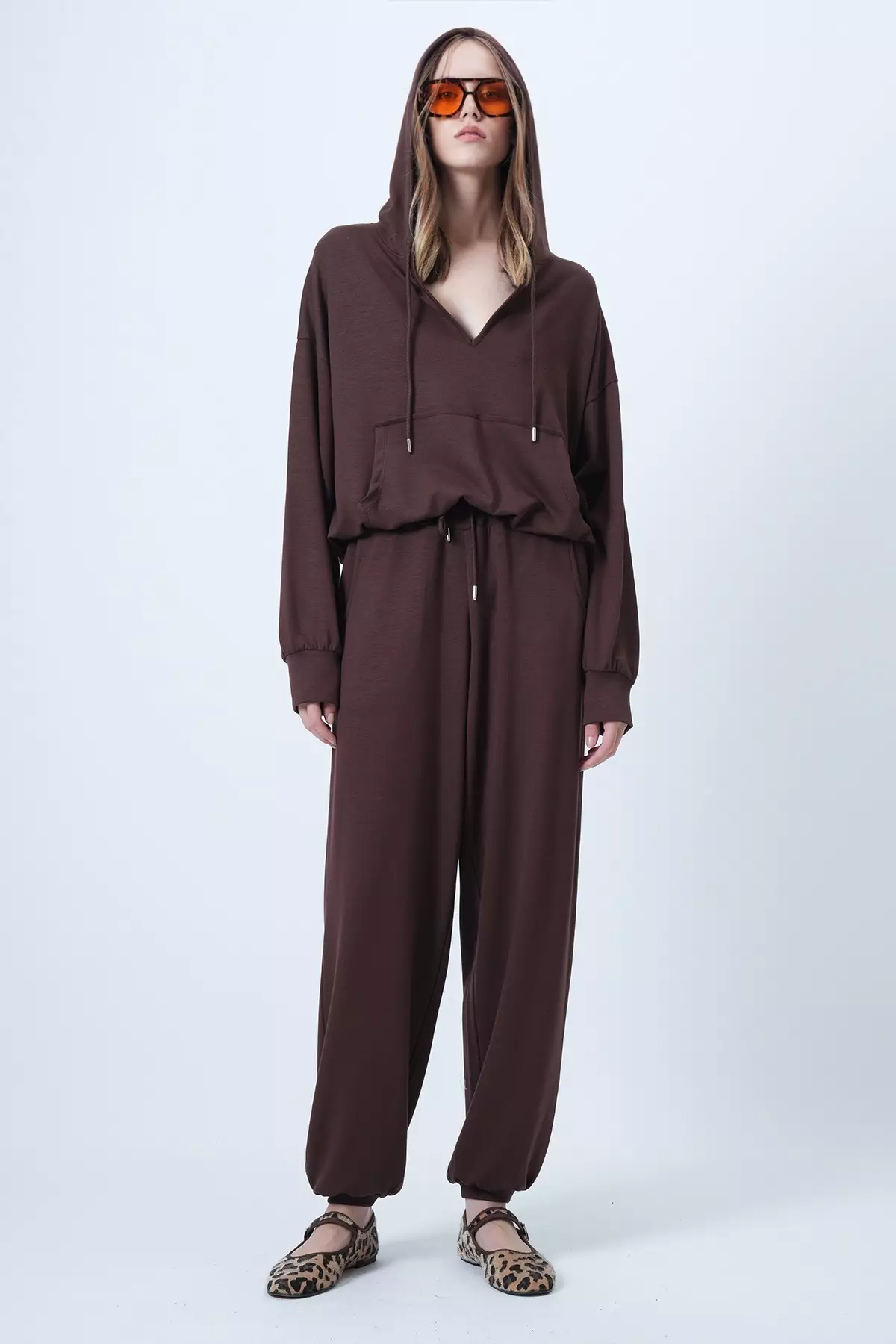Brown Hooded V-Neck Oversize Modal Sweatshirt And Pants Set Alc-X14646