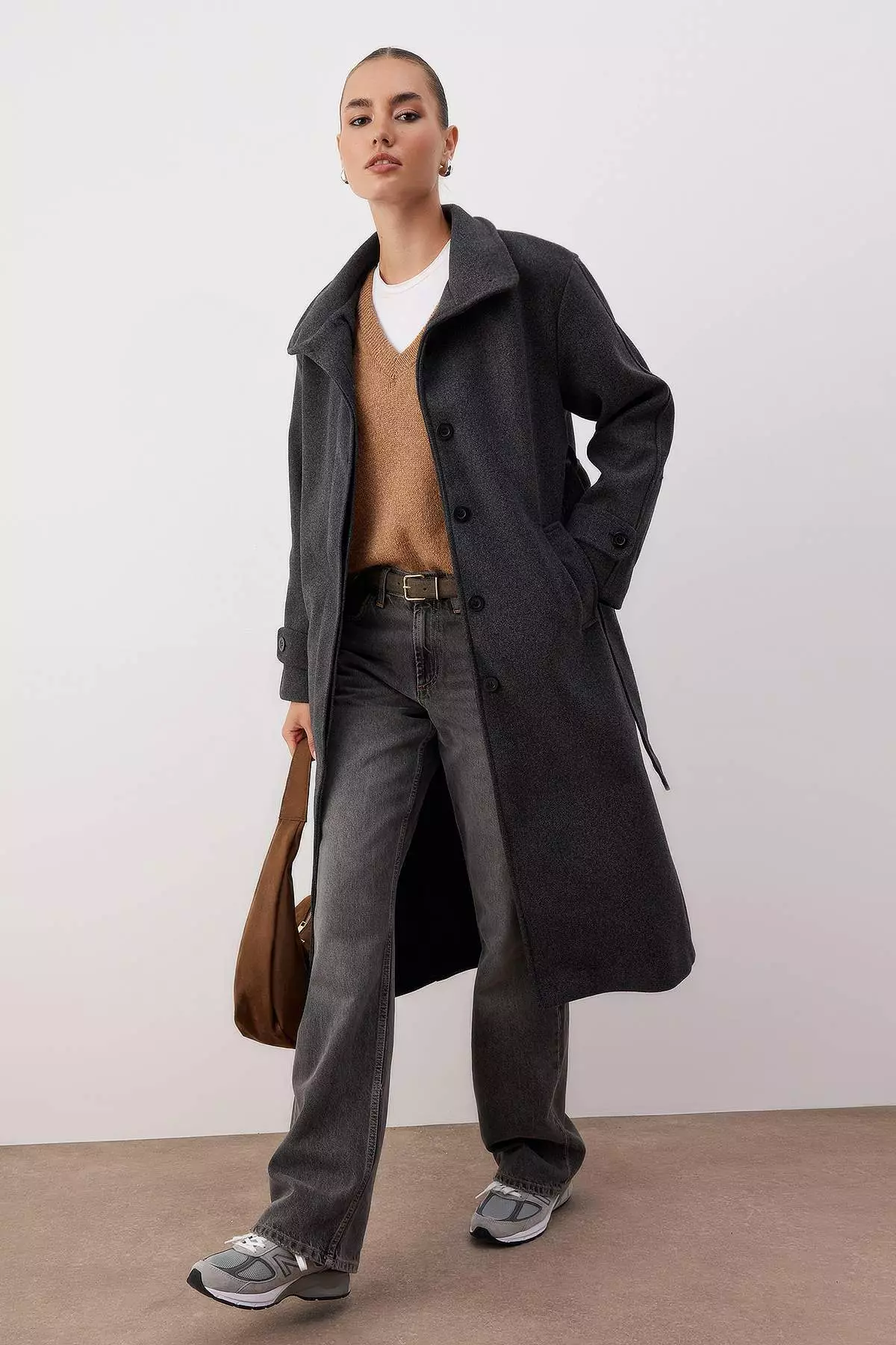 Anthracite Stand Collar Mono Closure Oversize Long Cashmere Coat Twoaw26Kb67