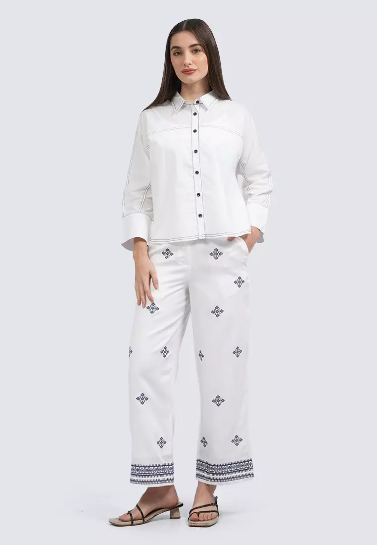 Contrast Stitch Long Sleeve Blouse OFF WHITE