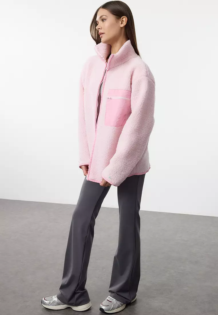 Winter Essentials Light Pink Thick Fleece Zipper Stand Collar Pocket Knitted Sweatshirt Twoaw24Sw00071
