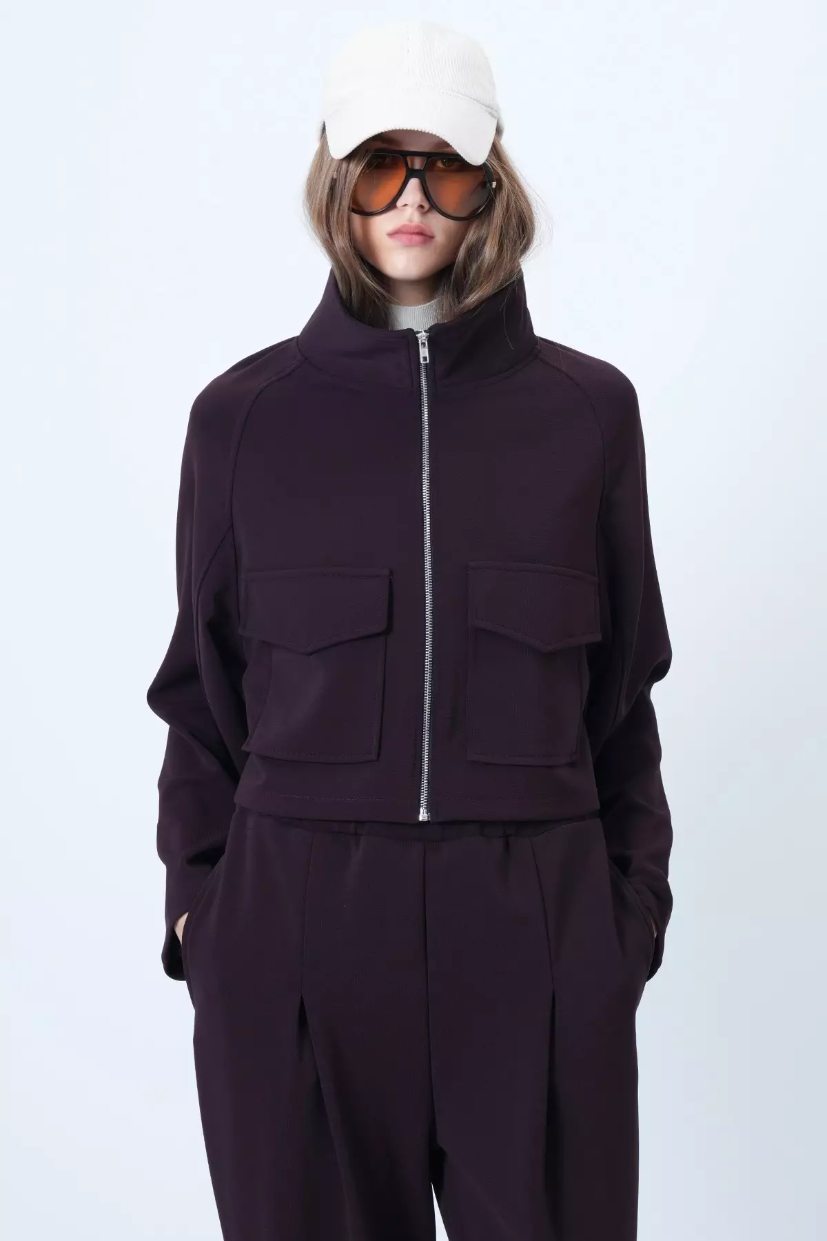 Plum Color Stand Collar Double Pocket Raglan Sleeve Jacket Alc-X14409