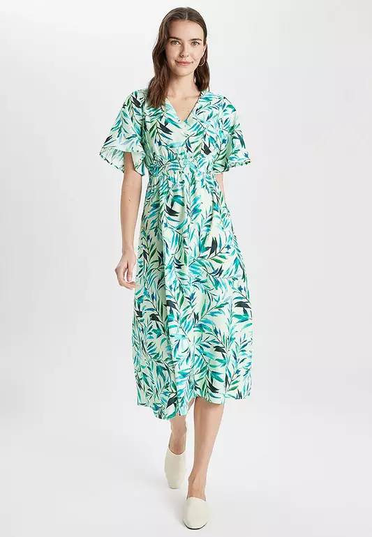 V-Neck Printed Midi Dress