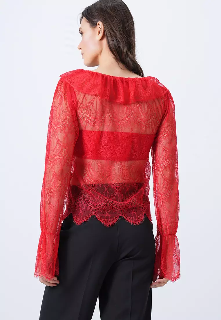 V-Neck Ruffle Lace Blouse
