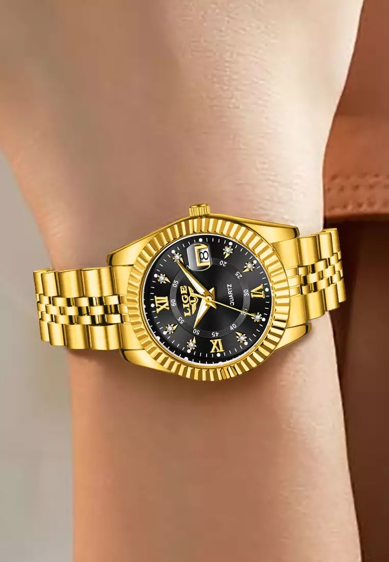 Ladies IP Gold Stainless Steel Quartz Watch, Date, Stainless Steel Bracelet