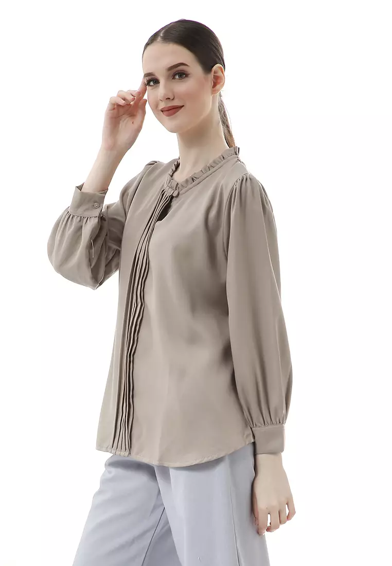 Vionka Kemeja Atasan Wanita Opnaisel Motif Polos - Charcoal