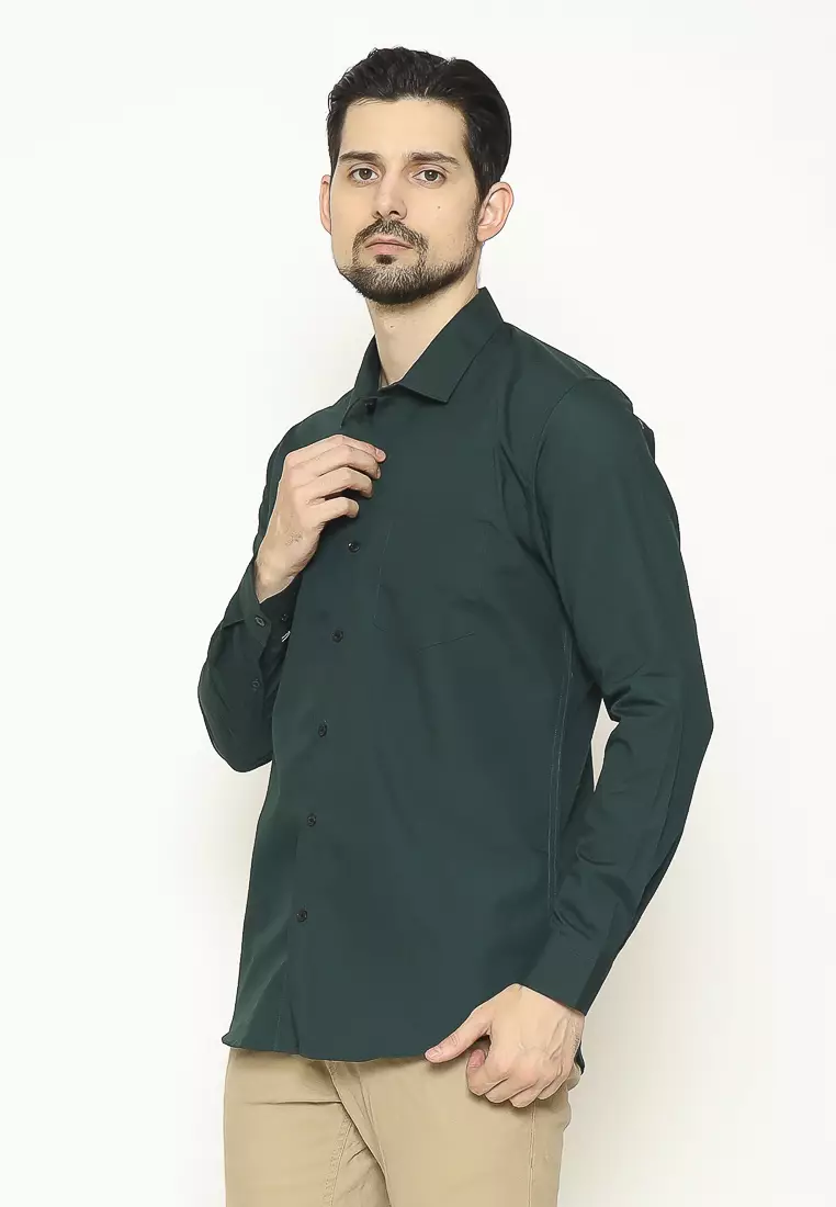 MAGINOT Kemeja Pria Basic Polos Panjang BOTTLE GREEN