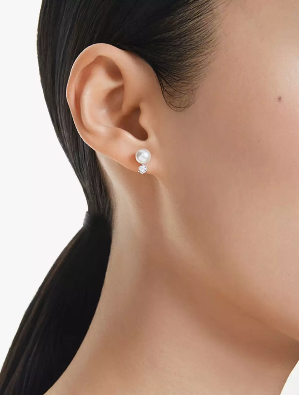 Matrix Stud Earrings, Crystal Pearl, Round Cut, White, Rhodium Plated - White