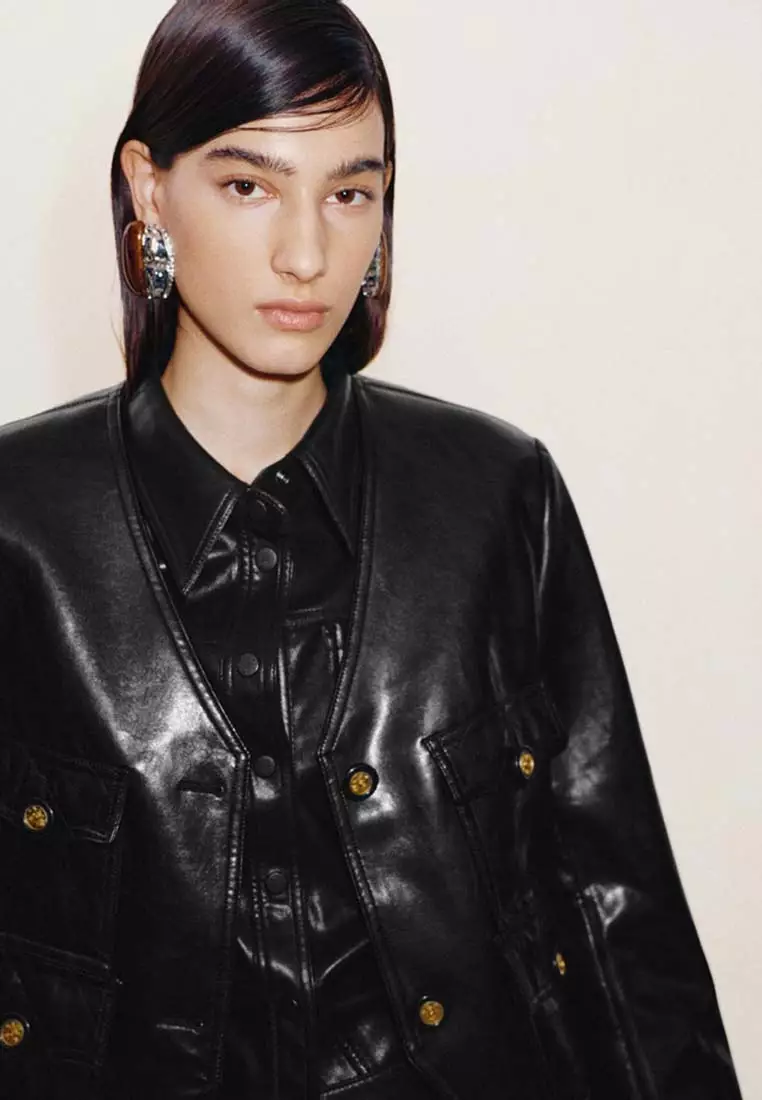 Faux Leather Collarless V-Neck Jackets