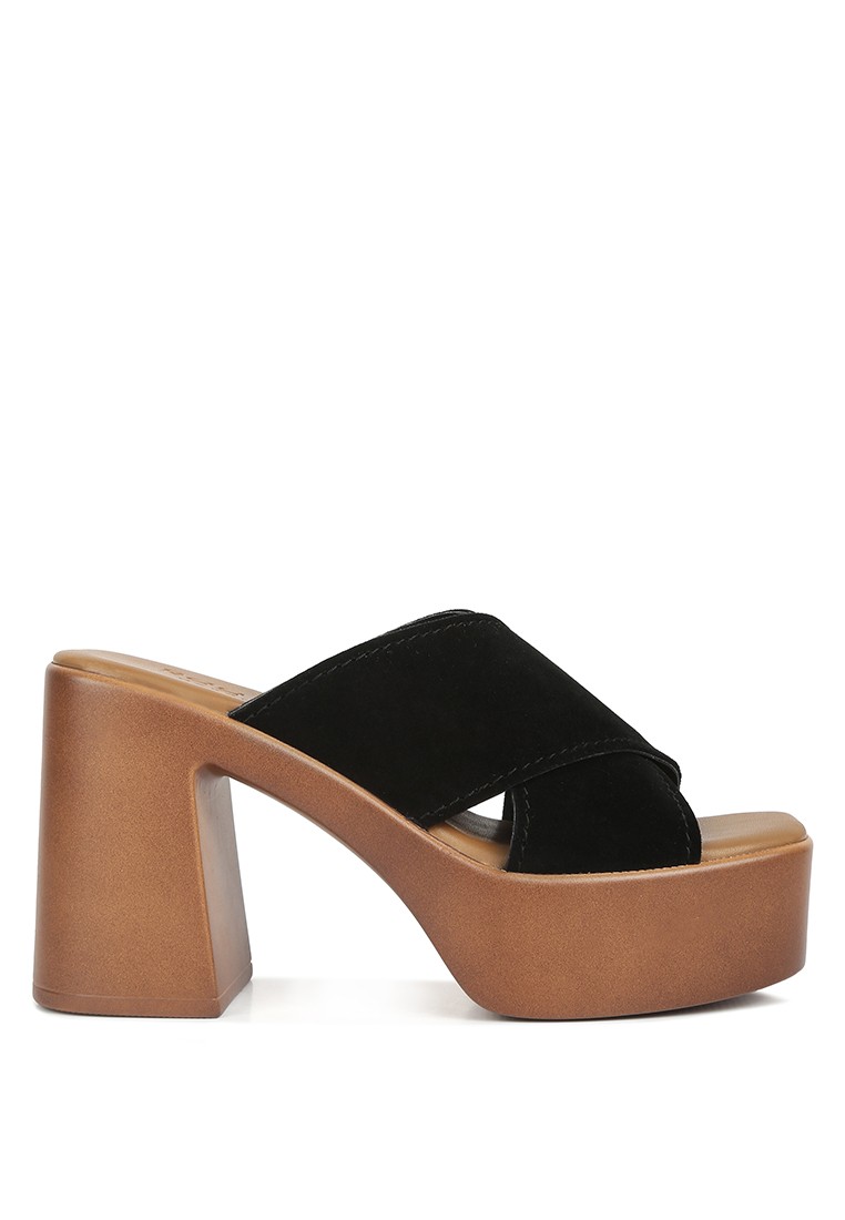 Black Criss Cross Strap Block Heel Sandals